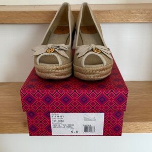 Tory Burch Gold Linen Jackie Wedge Espadrilles with Bow.